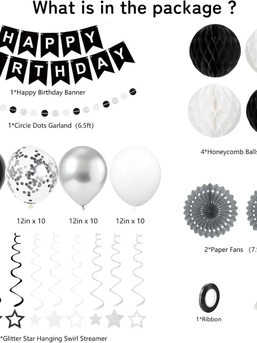 Black Silver White Birthday Party Decorations Kit Balloons Banner Adult Decor